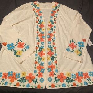 Soft Surroundings Embroidered Floral Cream Cardigan. XL